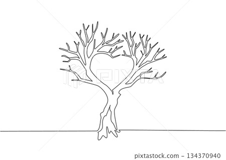 Single one line drawing dry tree with many branches with branches forming a love shape. A symbol of a dead tree. Without love. Environmental. Tree Concept. Continuous line design graphic illustration 134370940