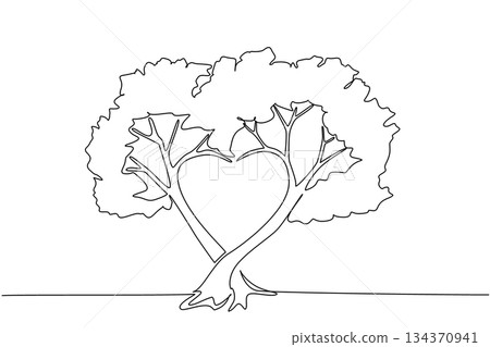 Single continuous line drawing leafy tree with the middle of the branches forming love shape. A very shady tree that is cared for with all the heart. Tree Concept. One line design vector illustration 134370941