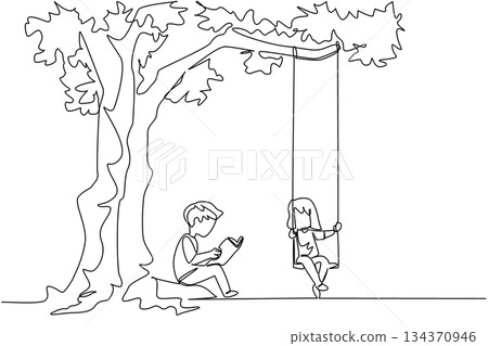 Single one line drawing boy sits reading a book while the girl plays on swing under a big tree. Joy in the park near the shady tree. Activity. Tree Concept. Continuous line design graphic illustration Single one line drawing boy sits reading a book while the girl plays on swing under a big tree. Joy in the park near the shady tree. Activity. Tree Concept. Continuous line design graphic illustration 134370946