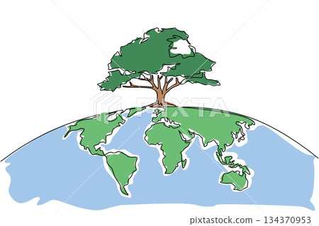 Single one line drawing trees grow on the semicircular surface of the globe. Trees grow to shade the countries. Greening for the earth. Eco. Tree Concept. Continuous line design graphic illustration 134370953