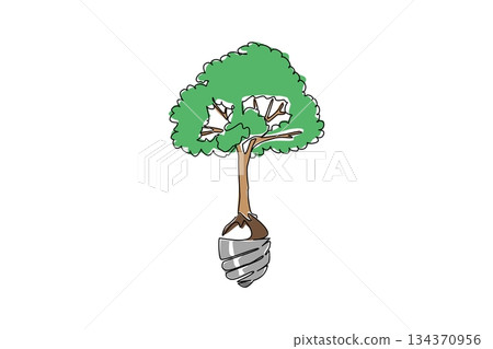 Single continuous line drawing a tree growing on the neck of a light bulb. Green energy is energy that does not damage nature. Eco friendly. Ecology. Tree Concept. One line design vector illustration 134370956