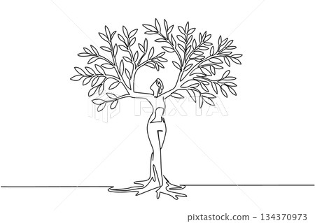 Single one line drawing a tree with thick leaves, the trunk part resembles woman raising both hands. The woman who loves taking care of plant. Tree Concept. Continuous line design graphic illustration Single one line drawing a tree with thick leaves, the trunk part resembles woman raising both hands. The woman who loves taking care of plant. Tree Concept. Continuous line design graphic illustration 134370973