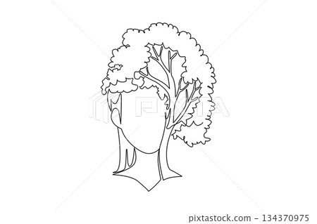Single continuous line drawing face stuck to a tree trunk with shady leaves and thick roots. The art of carving plants that resemble humans. Symbol. Tree Concept. One line design vector illustration 134370975
