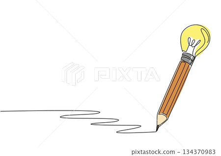 Single continuous line drawing a pencil with a bulb lamp tip. Write a creation to add creativity. Trying to sharpen logic. Smart. Genius. National Creativity Day. One line design vector illustration 134370983