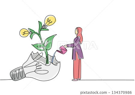Single continuous line drawing Arab woman waters plant with lightbulb fruit growing from inside broken lightbulb. The wisdom of failure. National Creativity Day. One line design vector illustration 134370986