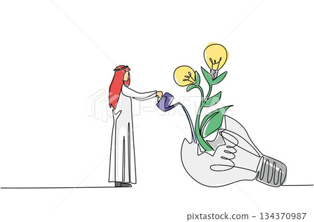 Continuous one line drawing Arab man waters plant with lightbulb fruit growing from inside broken lightbulb. Learn from failure. National Creativity Day. Single line draw design vector illustration 134370987
