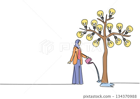 Single continuous line drawing Arab businesswoman waters a big tree bearing light bulbs with watering can. Real action to care for an idea. National Creativity Day. One line design vector illustration 134370988