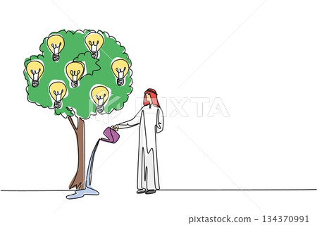 Continuous one line drawing Arabian man watering leafy tree that bears light bulbs. Care and attention. Compassion and brilliance. National Creativity Day. Single line draw design vector illustration 134370991