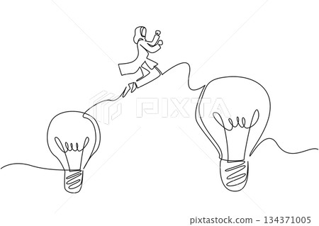 Single one line drawing Arab woman jumps from a small lightbulb to a large light bulb. A belief to move on to something better. National Creativity Day. Continuous line design graphic illustration 134371005