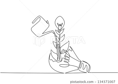 Single one line drawing watering plant bearing fruit lightbulb growing from a broken lightbulb. An effort to maintain a mindset. National Creativity Day. Continuous line design graphic illustration 134371007