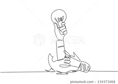 Single one line drawing Arabian hand holding bulb out of broken lightbulb. Surviving and growing from failure. A brilliance. Smart. National Creativity Day. Continuous line design graphic illustration 134371008