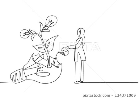 Single continuous line drawing Arab woman waters plant with lightbulb fruit growing from inside broken lightbulb. The wisdom of failure. National Creativity Day. One line design vector illustration 134371009