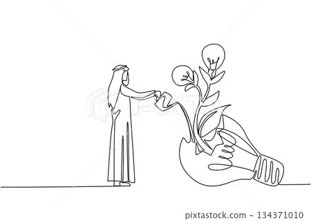 Continuous one line drawing Arab man waters plant with lightbulb fruit growing from inside broken lightbulb. Learn from failure. National Creativity Day. Single line draw design vector illustration 134371010