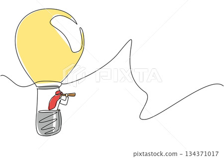 Single one line drawing Arab businessman rides hot air balloon shaped lightbulb, looks through using monocular. New opportunities. National Creativity Day. Continuous line design graphic illustration 134371017