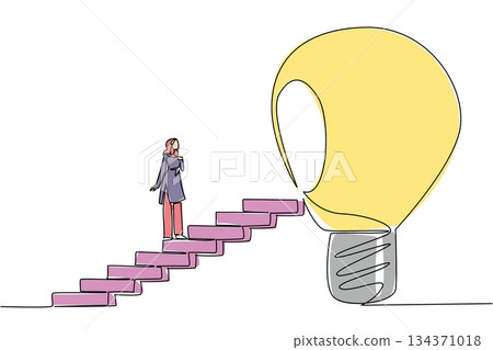 Continuous one line drawing Arab woman walks up ladder towards big lightbulb with hole in center. Patching the void with knowledge. National Creativity Day. Single line draw design vector illustration 134371018