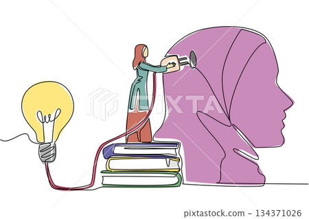 Single continuous line drawing Arab woman stand on pile of thick books holds cable connected to big lightbulb. Knowledge and solutions. National Creativity Day. One line design vector illustration Single continuous line drawing Arab woman stand on pile of thick books holds cable connected to big lightbulb. Knowledge and solutions. National Creativity Day. One line design vector illustration 134371026