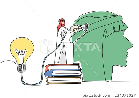 Continuous one line drawing Arab man stand on pile of thick books holds cable connected to big lightbulb. Knowledge and creativity. National Creativity Day. Single line draw design vector illustration 134371027