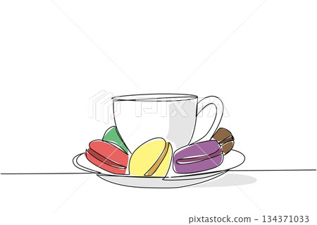 Continuous one line drawing a cup with a base filled with colorful macarons. A cup of warm coffee or tea with sweet treats. Tasty. National Macaron Day. Single line draw design vector illustration Continuous one line drawing a cup with a base filled with colorful macarons. A cup of warm coffee or tea with sweet treats. Tasty. National Macaron Day. Single line draw design vector illustration 134371033