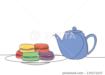 Single one line drawing colorful macarons stacked on a small plate and a teapot. Enjoy the morning in a simple but calming way. Tasty. National Macaron Day. Continuous line design graphic illustration 134371037