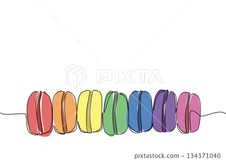 Single continuous line drawing colorful macarons lined up. Visualizations such as digital advertising. The colorful food arouses curiosity. National Macaron Day. One line design vector illustration Single continuous line drawing colorful macarons lined up. Visualizations such as digital advertising. The colorful food arouses curiosity. National Macaron Day. One line design vector illustration 134371040