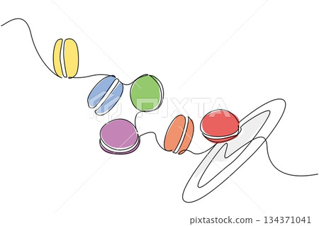 Single one line drawing colorful macarons flying off the plate. Sweet snacks are in high demand. Very creative visualization. Tasty. National Macaron Day. Continuous line design graphic illustration 134371041