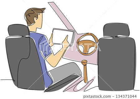 Single continuous line drawing a man in the seat of driver of a car busy with his tablet. The latest generation in automotive. High tech. Autonomous Vehicle Day. One line design vector illustration 134371044