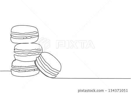 Continuous one line drawing colorful macarons with 3 stacks and 1 leaning macaron. Have slight differences in taste depends on color. National Macaron Day. Single line draw design vector illustration Continuous one line drawing colorful macarons with 3 stacks and 1 leaning macaron. Have slight differences in taste depends on color. National Macaron Day. Single line draw design vector illustration 134371051