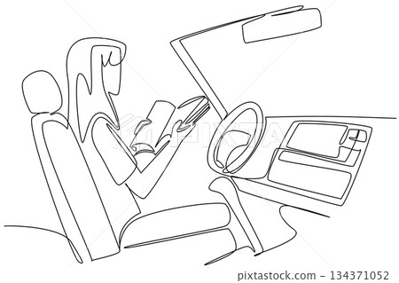 Single one line drawing a woman in the seat of driver of a car reading a book. Comfortable learning in a futuristic vehicle. Tech. Autonomous Vehicle Day. Continuous line design graphic illustration 134371052