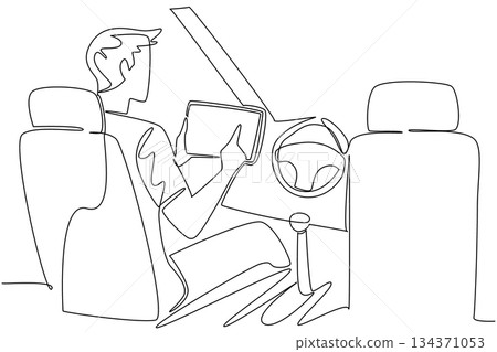Single continuous line drawing a man in the seat of driver of a car busy with his tablet. The latest generation in automotive. High tech. Autonomous Vehicle Day. One line design vector illustration Single continuous line drawing a man in the seat of driver of a car busy with his tablet. The latest generation in automotive. High tech. Autonomous Vehicle Day. One line design vector illustration 134371053