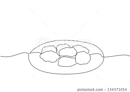 Single continuous line drawing macaroon on a small round plate. Typical Italian food from the past. Sweet snacks. Simple breakfast menu. National Macaroon Day. One line design vector illustration 134371054