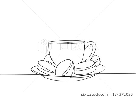 Continuous one line drawing a cup with a base filled with colorful macarons. A cup of warm coffee or tea with sweet treats. Tasty. National Macaron Day. Single line draw design vector illustration Continuous one line drawing a cup with a base filled with colorful macarons. A cup of warm coffee or tea with sweet treats. Tasty. National Macaron Day. Single line draw design vector illustration 134371056