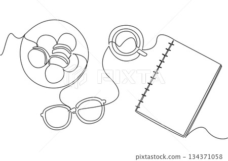 Single continuous line drawing colorful macarons on a plate, with a cup of tea, notepad, pen and glasses. Starting the morning at the office. National Macaron Day. One line design vector illustration Single continuous line drawing colorful macarons on a plate, with a cup of tea, notepad, pen and glasses. Starting the morning at the office. National Macaron Day. One line design vector illustration 134371058