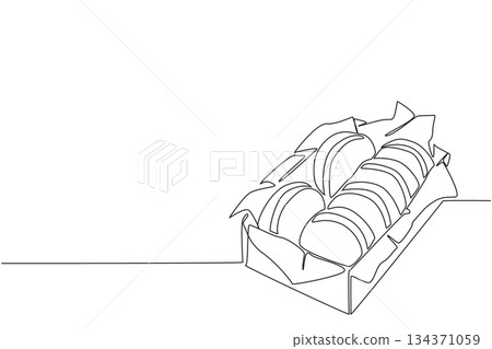 Continuous one line drawing colorful macarons in a cake box. Order and takeout. Enjoy the warmth and togetherness. Delicious snack. National Macaron Day. Single line draw design vector illustration 134371059