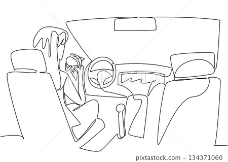 Continuous one line drawing a woman sits in seat of driver of car holds burger with both hands. Technology makes human life easier. Autonomous Vehicle Day. Single line draw design vector illustration Continuous one line drawing a woman sits in seat of driver of car holds burger with both hands. Technology makes human life easier. Autonomous Vehicle Day. Single line draw design vector illustration 134371060