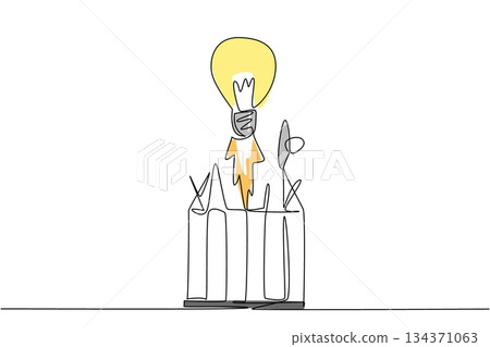 Continuous one line drawing bottom of lightbulb emits fire like flying rocket destroys top of iron cage. Unlimited creativity. National Creativity Day. Single line draw design vector illustration 134371063