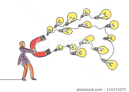 Single continuous line drawing Arab businesswoman holds big magnet attracting various sized lightbulbs. Efforts to create creativity. National Creativity Day. One line design vector illustration Single continuous line drawing Arab businesswoman holds big magnet attracting various sized lightbulbs. Efforts to create creativity. National Creativity Day. One line design vector illustration 134371075