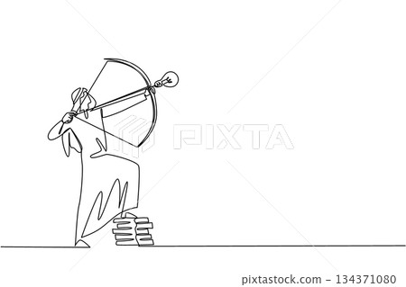 Single continuous line drawing Arab businessman archery arrow with lightbulb tip, one foot rest on pile of coins. Aiming for more profits. National Creativity Day. One line design vector illustration 134371080