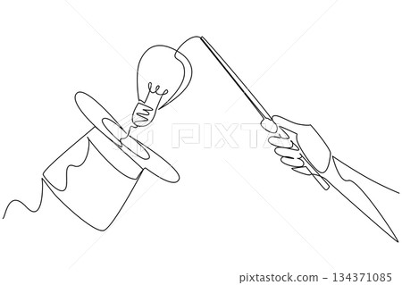 Single continuous line drawing hand holds magic wand and points it at magic hat emits a lightbulb. Performances add value to creativity. National Creativity Day. One line design vector illustration 134371085