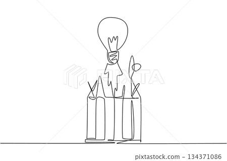 Continuous one line drawing bottom of lightbulb emits fire like flying rocket destroys top of iron cage. Unlimited creativity. National Creativity Day. Single line draw design vector illustration Continuous one line drawing bottom of lightbulb emits fire like flying rocket destroys top of iron cage. Unlimited creativity. National Creativity Day. Single line draw design vector illustration 134371086