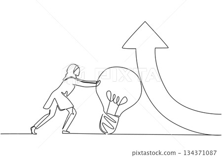Continuous one line drawing Arab businesswoman pushes lightbulb that holds an arrow that it turns upwards. Best effort to level up. National Creativity Day. Single line draw design vector illustration Continuous one line drawing Arab businesswoman pushes lightbulb that holds an arrow that it turns upwards. Best effort to level up. National Creativity Day. Single line draw design vector illustration 134371087