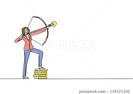 Single one line drawing a businesswoman archery arrow with lightbulb tip, one foot resting on pile of coins. Offering innovation. National Creativity Day. Continuous line design graphic illustration Single one line drawing a businesswoman archery arrow with lightbulb tip, one foot resting on pile of coins. Offering innovation. National Creativity Day. Continuous line design graphic illustration 134371100