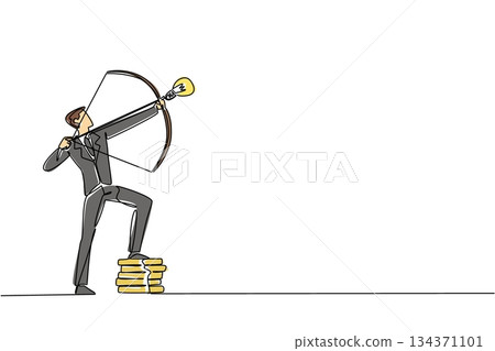 Continuous one line drawing a businessman archery arrow with lightbulb tip, one foot resting on pile of coins. Aiming for profit. National Creativity Day. Single line draw design vector illustration Continuous one line drawing a businessman archery arrow with lightbulb tip, one foot resting on pile of coins. Aiming for profit. National Creativity Day. Single line draw design vector illustration 134371101