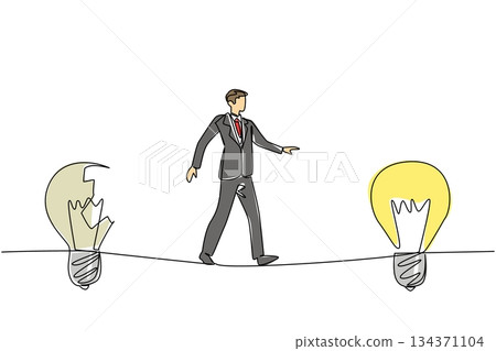 Single continuous line drawing a businessman walks on tightrope from broken lightbulb to a whole lightbulb. Towards improvement. Solution. National Creativity Day. One line design vector illustration 134371104