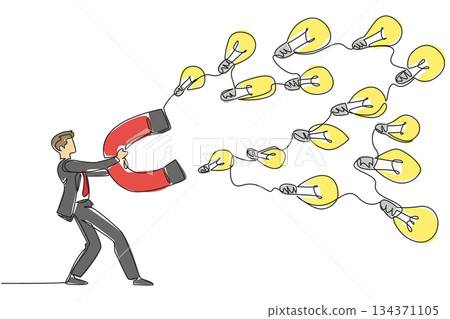 Continuous one line drawing a businessman holds big magnet attracting various sized lightbulbs. Collecting many solutions. Idea. National Creativity Day. Single line draw design vector illustration 134371105
