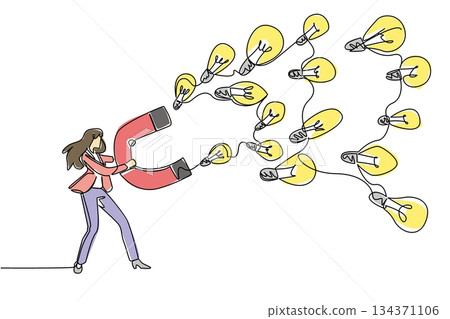 Single continuous line drawing a businesswoman holds a large magnet attracting various sized light bulbs. Attracting many creative ideas. National Creativity Day. One line design vector illustration Single continuous line drawing a businesswoman holds a large magnet attracting various sized light bulbs. Attracting many creative ideas. National Creativity Day. One line design vector illustration 134371106