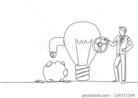 Single one line drawing a businessman turns tap on lightbulb and releases coins and a piggy bank holds them. Turning the deadlock. National Creativity Day. Continuous line design graphic illustration Single one line drawing a businessman turns tap on lightbulb and releases coins and a piggy bank holds them. Turning the deadlock. National Creativity Day. Continuous line design graphic illustration 134371109