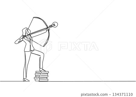 Single one line drawing a businesswoman archery arrow with lightbulb tip, one foot resting on pile of coins. Offering innovation. National Creativity Day. Continuous line design graphic illustration 134371110