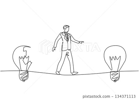 Single continuous line drawing a businessman walks on tightrope from broken lightbulb to a whole lightbulb. Towards improvement. Solution. National Creativity Day. One line design vector illustration Single continuous line drawing a businessman walks on tightrope from broken lightbulb to a whole lightbulb. Towards improvement. Solution. National Creativity Day. One line design vector illustration 134371113
