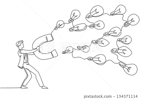 Continuous one line drawing a businessman holds big magnet attracting various sized lightbulbs. Collecting many solutions. Idea. National Creativity Day. Single line draw design vector illustration 134371114