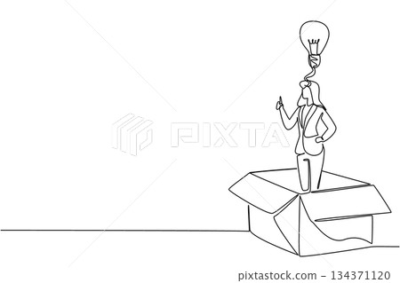 Single continuous line drawing a businesswoman inside big cardboard box making gesture of gets idea. Anywhere solution for problem solvers. National Creativity Day. One line design vector illustration Single continuous line drawing a businesswoman inside big cardboard box making gesture of gets idea. Anywhere solution for problem solvers. National Creativity Day. One line design vector illustration 134371120
